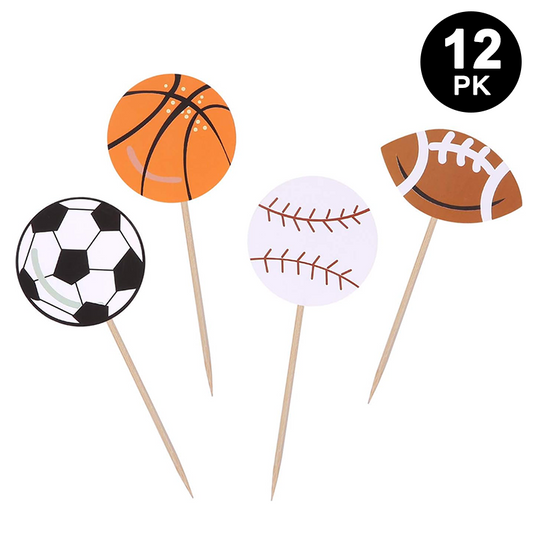 Sports Theme Basketball Soccer Baseball Rugby Cupcake Toppers 12 Pack