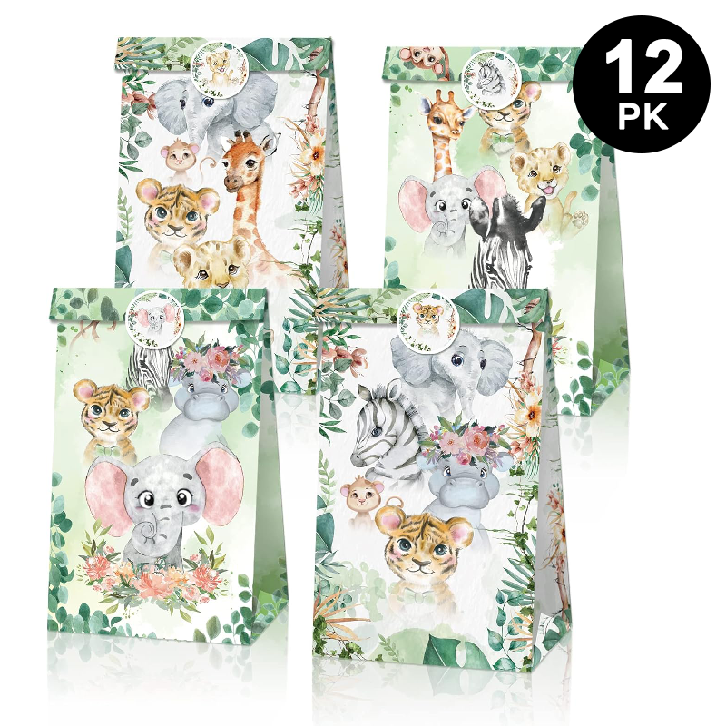 Wild One Jungle Safari Animals Paper Gift Bags 12 Pack with Mini Stickers