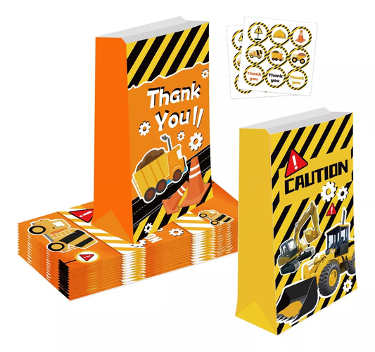 Construction Trucks Party Paper Gift Bags 12 Pack with Mini Stickers