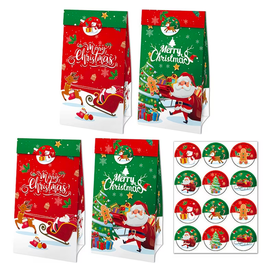 Merry Christmas Paper Gift Bags with Stickers 12 Pack
