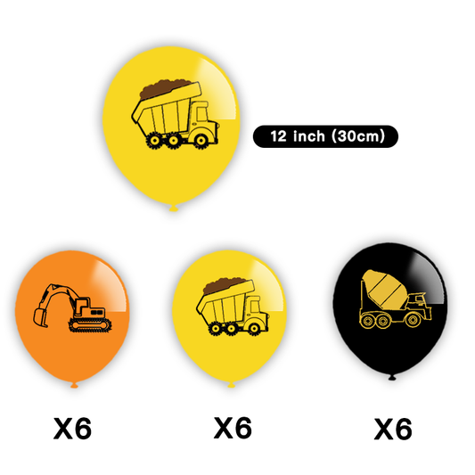 Construction Trucks Excavator Bulldozer Printed Latex Balloons 18 Pack