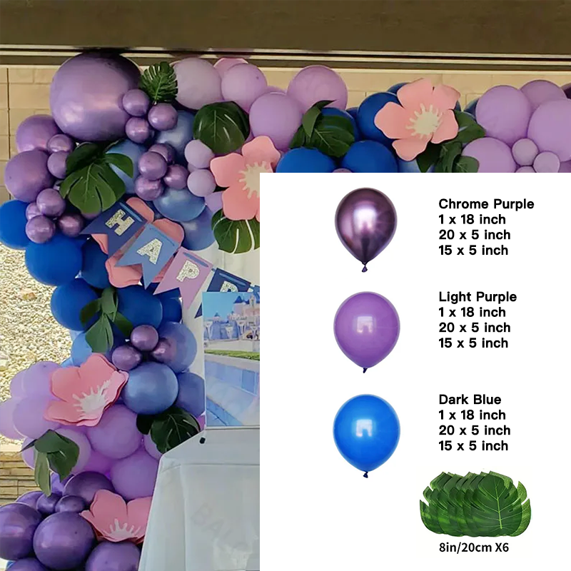Chrome Purple Blue Balloon Garland Kit with Palm Leaves | Suitable for Stitch Theme Birthday Party