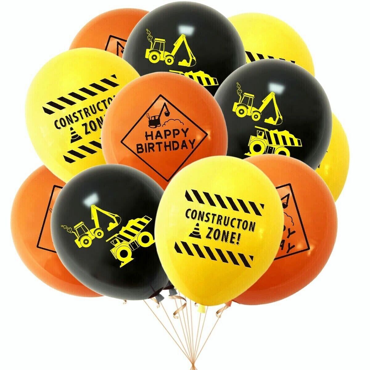 Construction Zone Excavator Bulldozer Printed Latex Balloons 24 Pack
