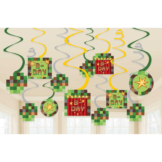 TNT Party Pixel Game Spiral Swirls Hanging Decorations 12 Pack