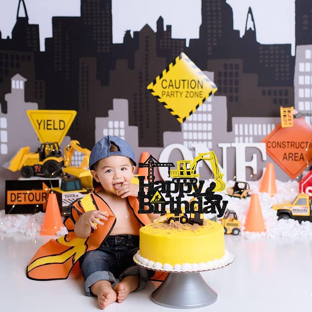 Construction Truck Theme Glitter Birthday Cake Topper