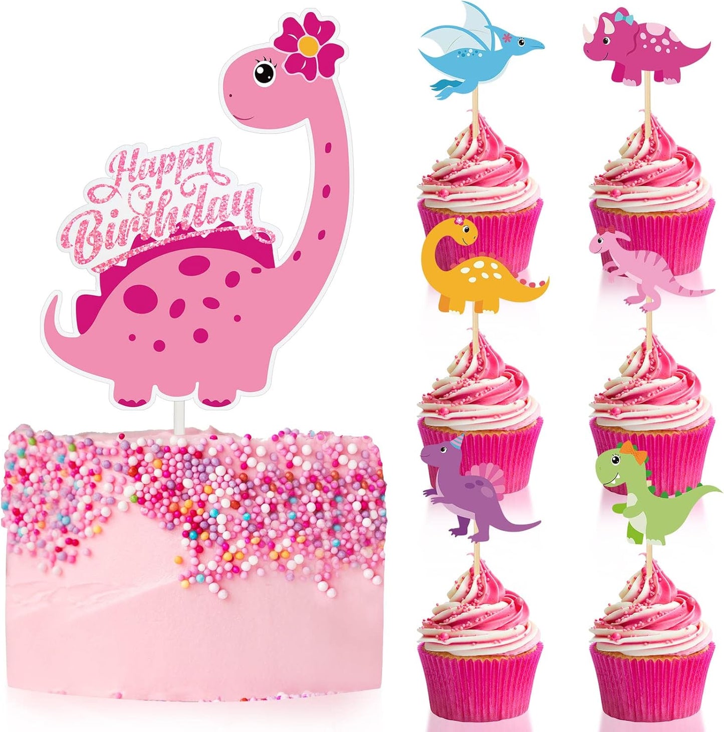 Pink Cute Dinosaur Cake Cupcake Toppers 37pcs