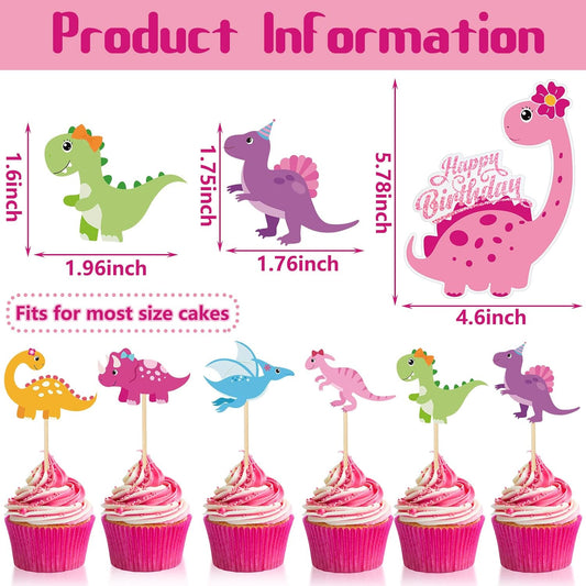 Pink Cute Dinosaur Cake Cupcake Toppers 37pcs