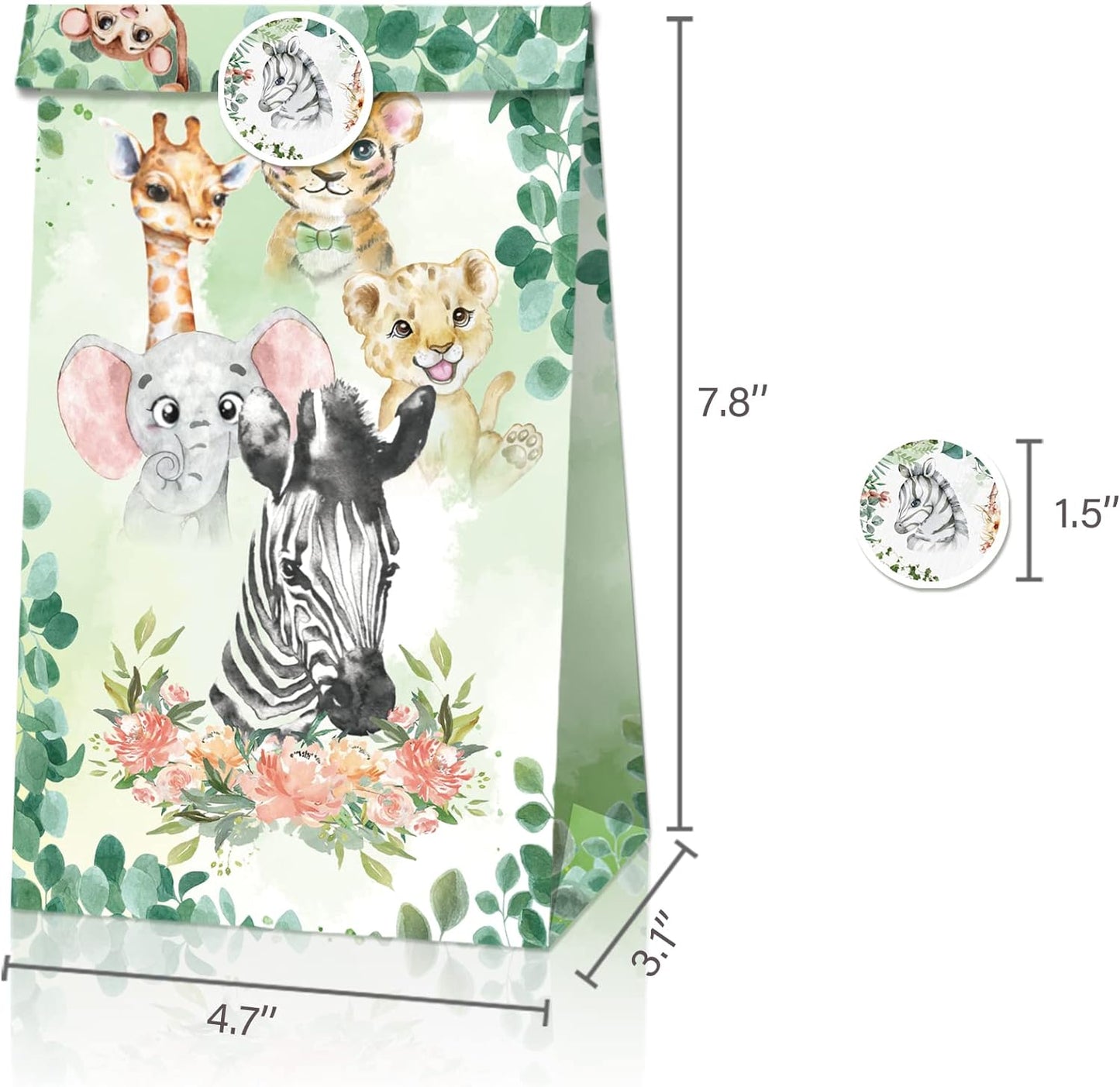Wild One Jungle Safari Animals Paper Gift Bags 12 Pack with Mini Stickers