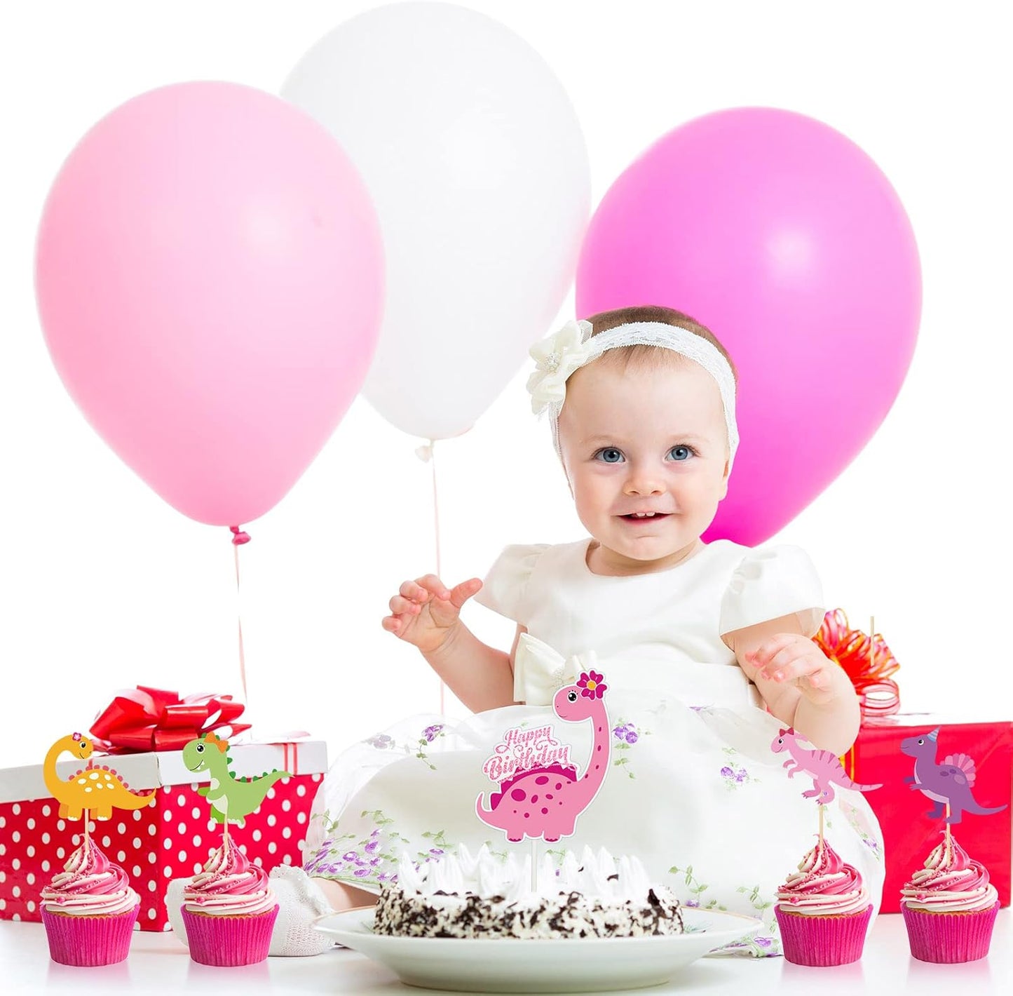 Pink Cute Dinosaur Cake Cupcake Toppers 37pcs