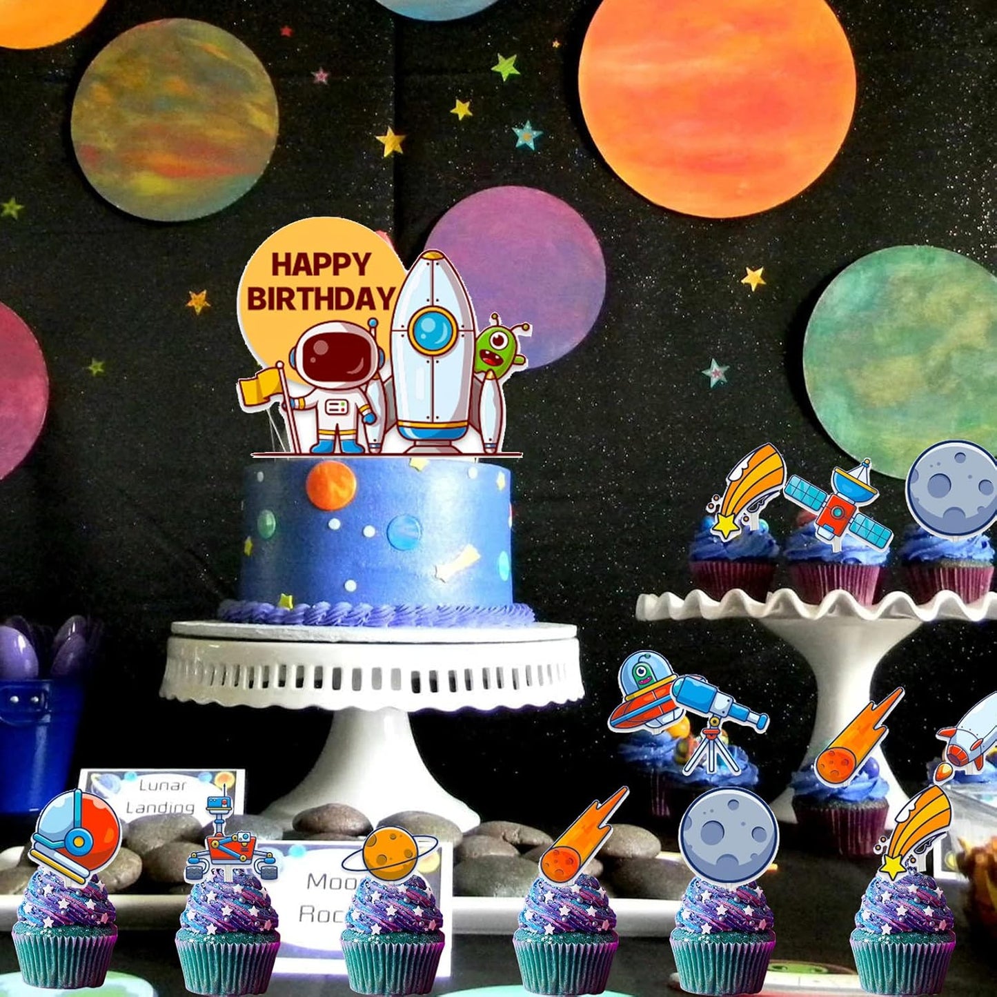 Outer Space Astronaut Rocket Theme Birthday Cake Cupcake Toppers (Pack of 11)