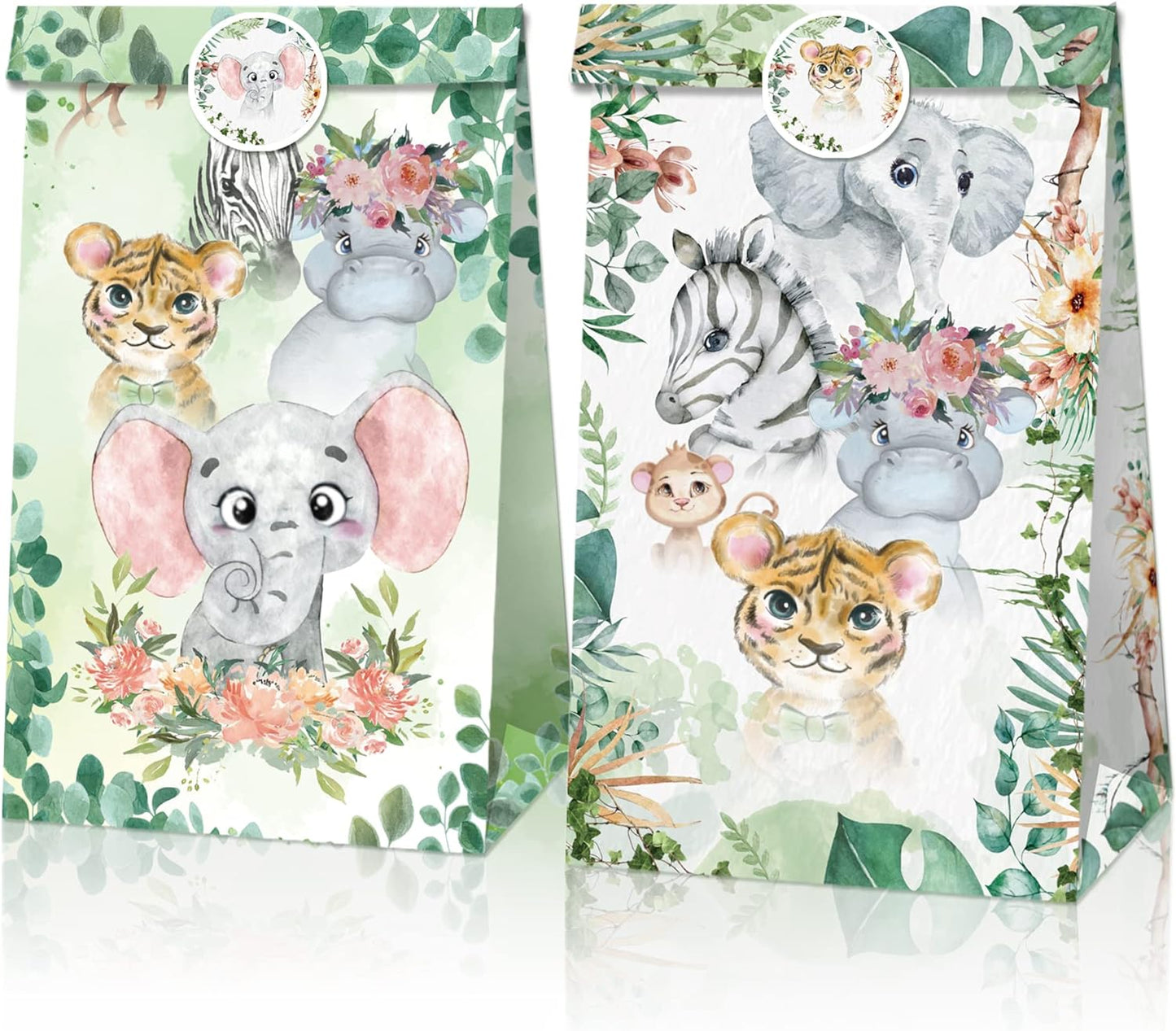 Wild One Jungle Safari Animals Paper Gift Bags 12 Pack with Mini Stickers
