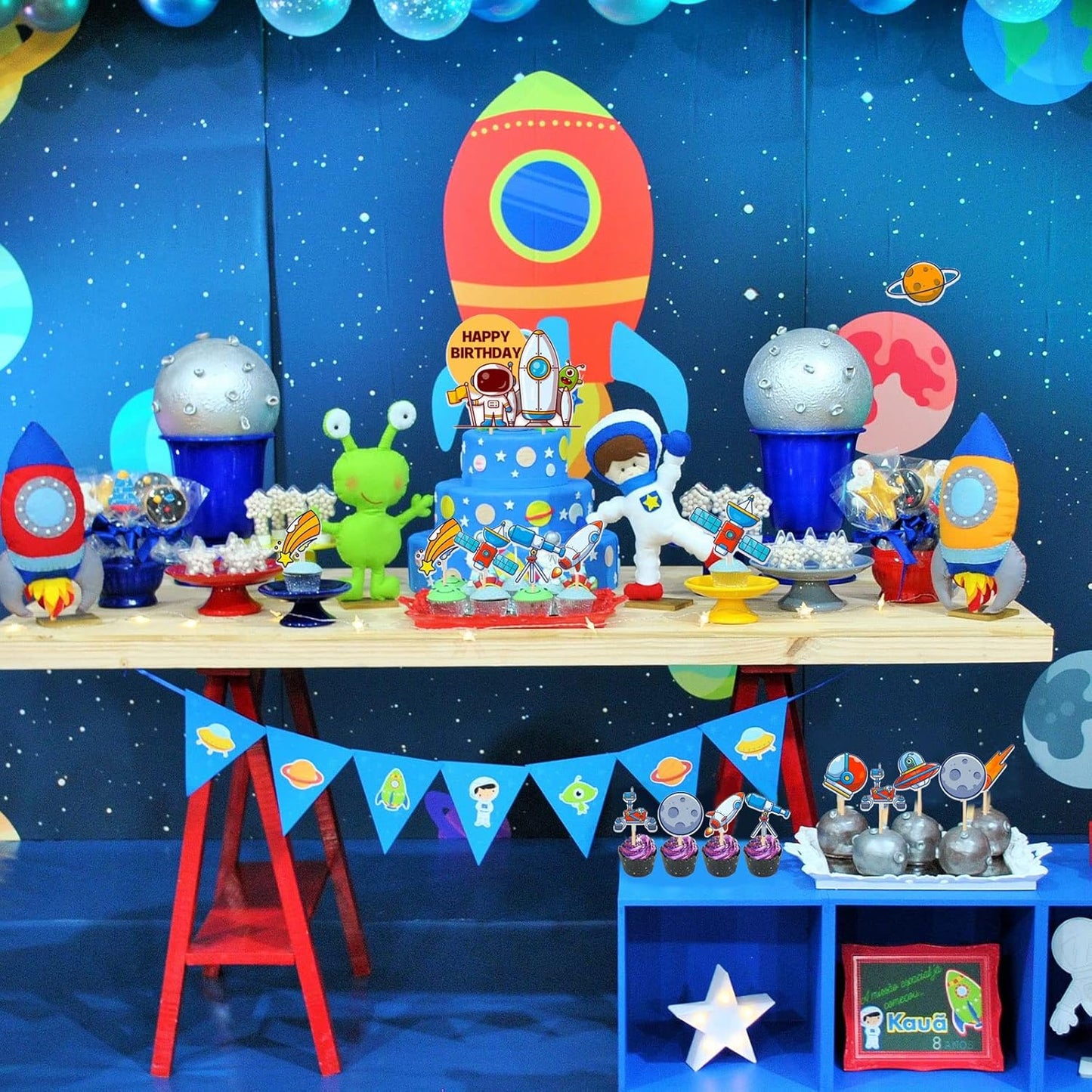 Outer Space Astronaut Rocket Theme Birthday Cake Cupcake Toppers (Pack of 11)
