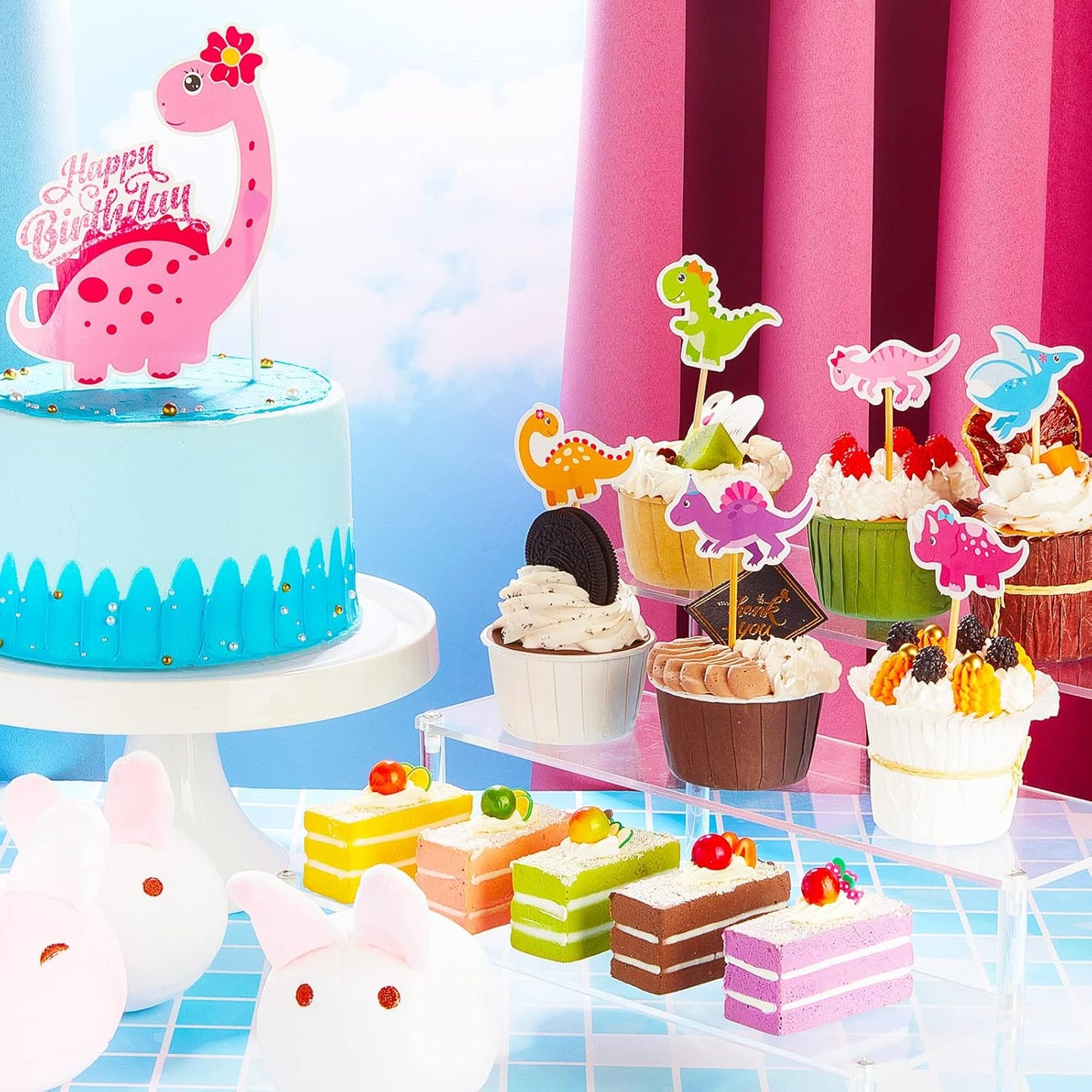 Pink Cute Dinosaur Cake Cupcake Toppers 37pcs