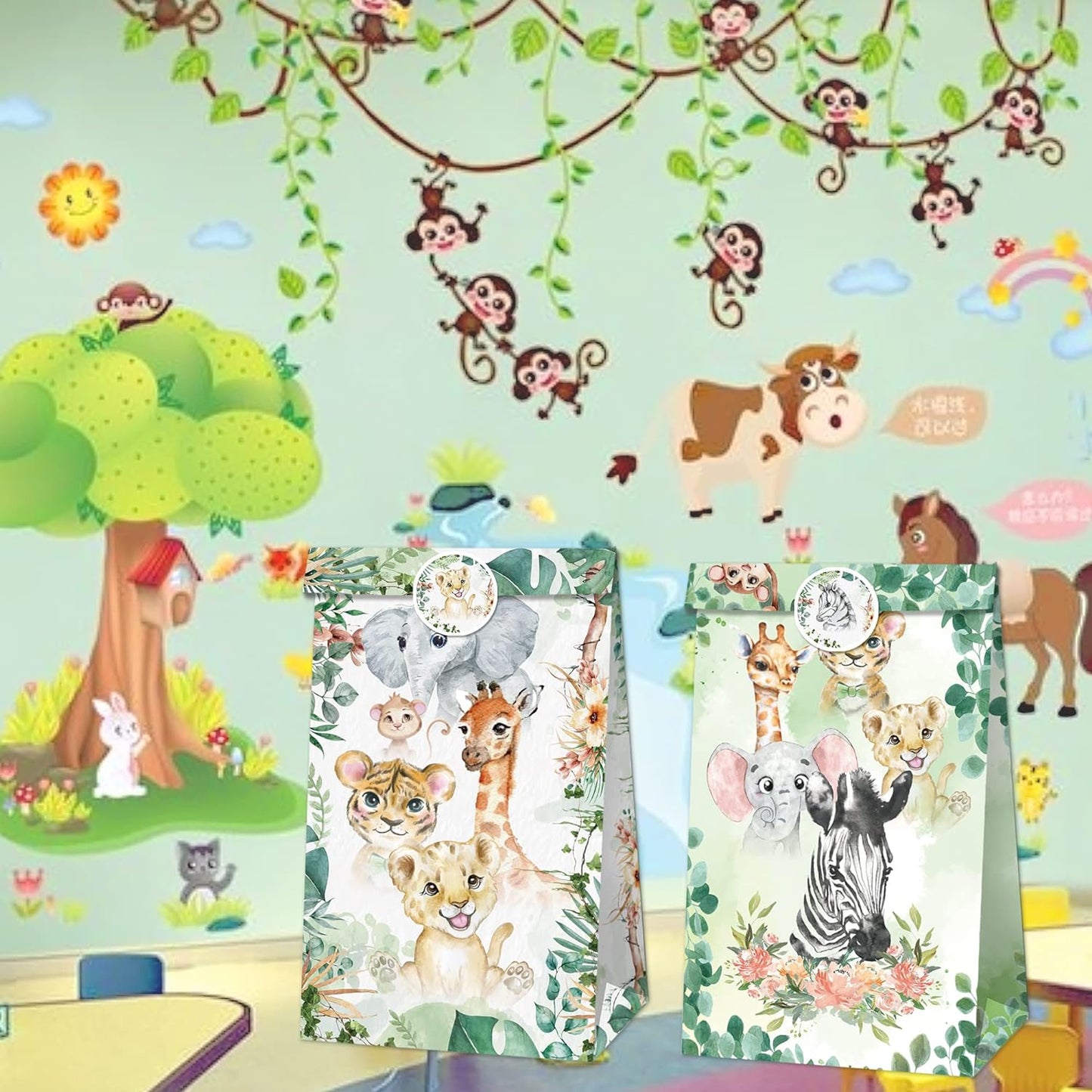 Wild One Jungle Safari Animals Paper Gift Bags 12 Pack with Mini Stickers