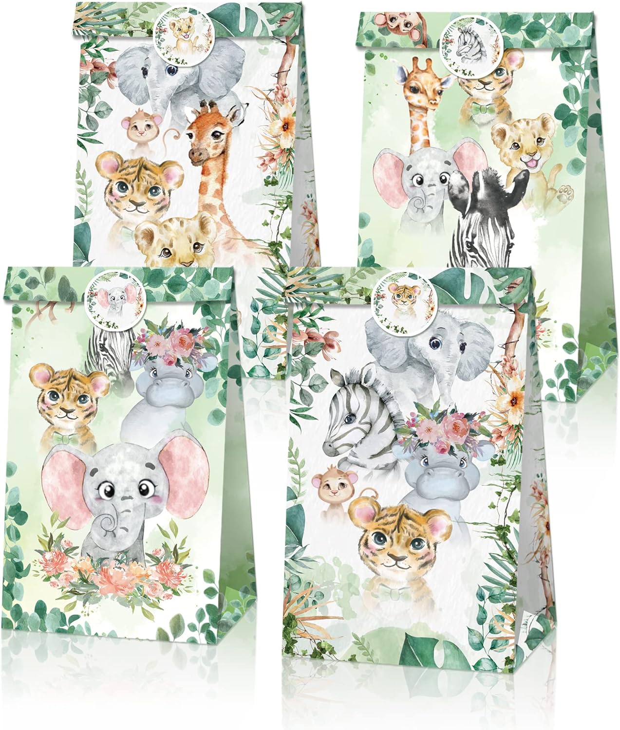 Wild One Jungle Safari Animals Paper Gift Bags 12 Pack with Mini Stickers