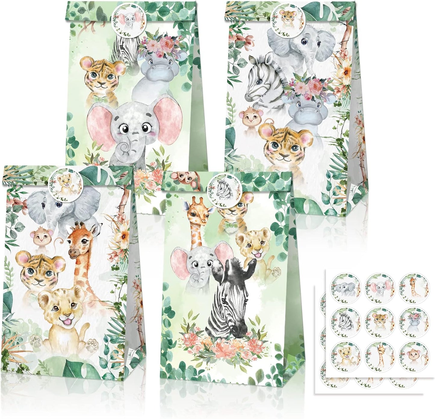 Wild One Jungle Safari Animals Paper Gift Bags 12 Pack with Mini Stickers