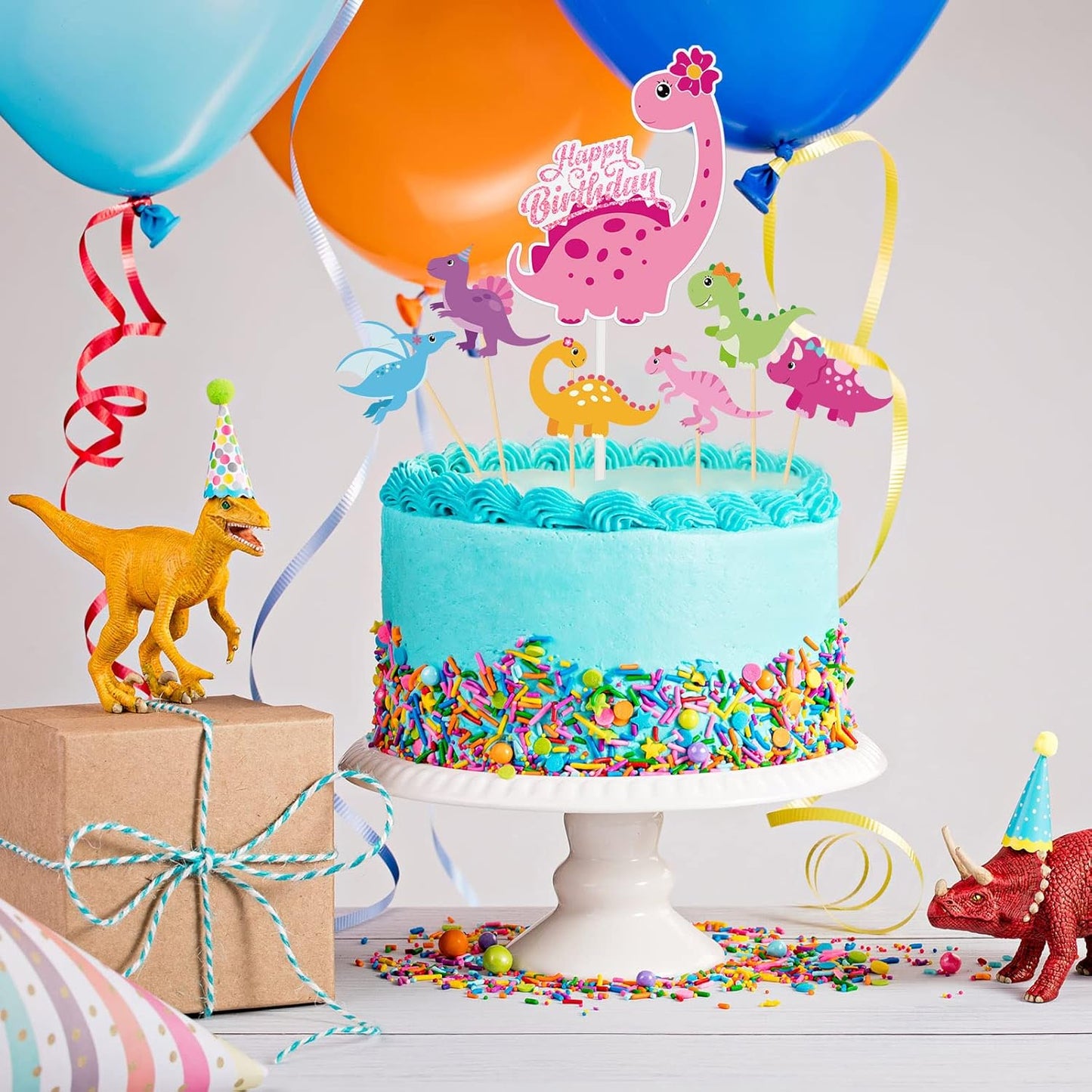Pink Cute Dinosaur Cake Cupcake Toppers 37pcs