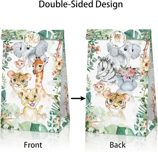 Wild One Jungle Safari Animals Paper Gift Bags 12 Pack with Mini Stickers