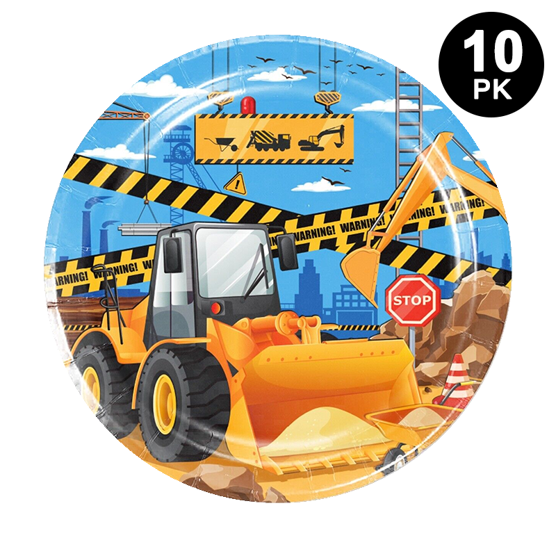 Construction Truck Theme 9 inch 23cm Paper Plates Round 10 Pack