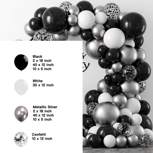 Classic Black White Metallic Silver Balloon Garland Kit | Wedding Baby Shower Graduation