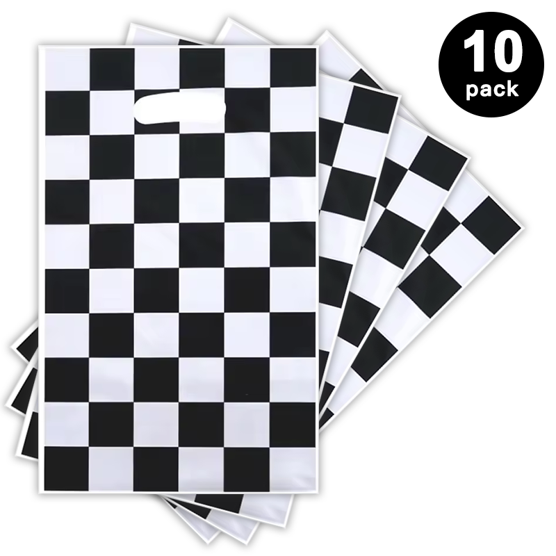 Racing Car Checkered Print Gift Loot Bags Plastic 10 Pack