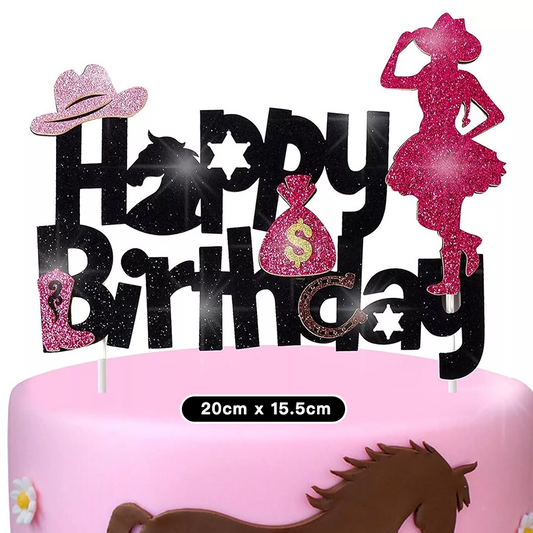 Western Cowgirl Theme Glitter Birthday Cake Topper