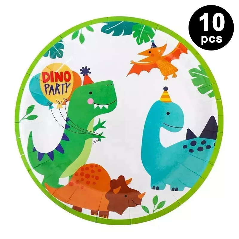 Cute Dinosaur 23cm 9 inch Round Paper Plates 10 Pack