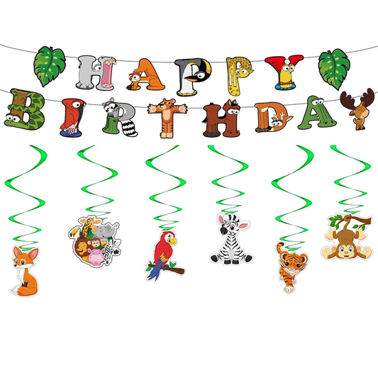 Jungle Animals Theme Birthday Decoration Set - Banner Balloons Cake Toppers Swirls