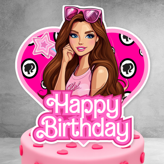 Pink Brunette Fashion Girl Birthday Cake Topper