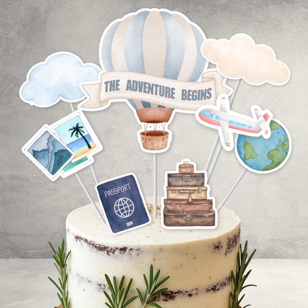 The Adventure Begins Cake Topper Set 9 Pack | Baby Shower New Born Milestone Honeymoon Retirement Travel