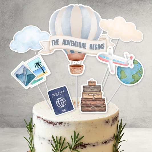 The Adventure Begins Cake Topper Set 9 Pack | Baby Shower New Born Milestone Honeymoon Retirement Travel