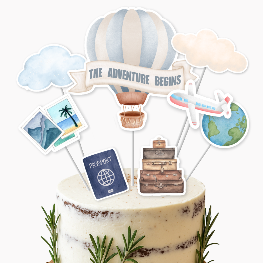 The Adventure Begins Cake Topper Set 9 Pack | Baby Shower New Born Milestone Honeymoon Retirement Travel