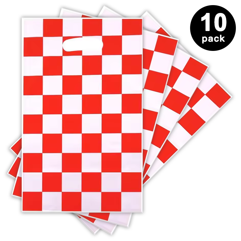 Racing Car Red Checkered Print Gift Loot Bags Plastic 10 Pack