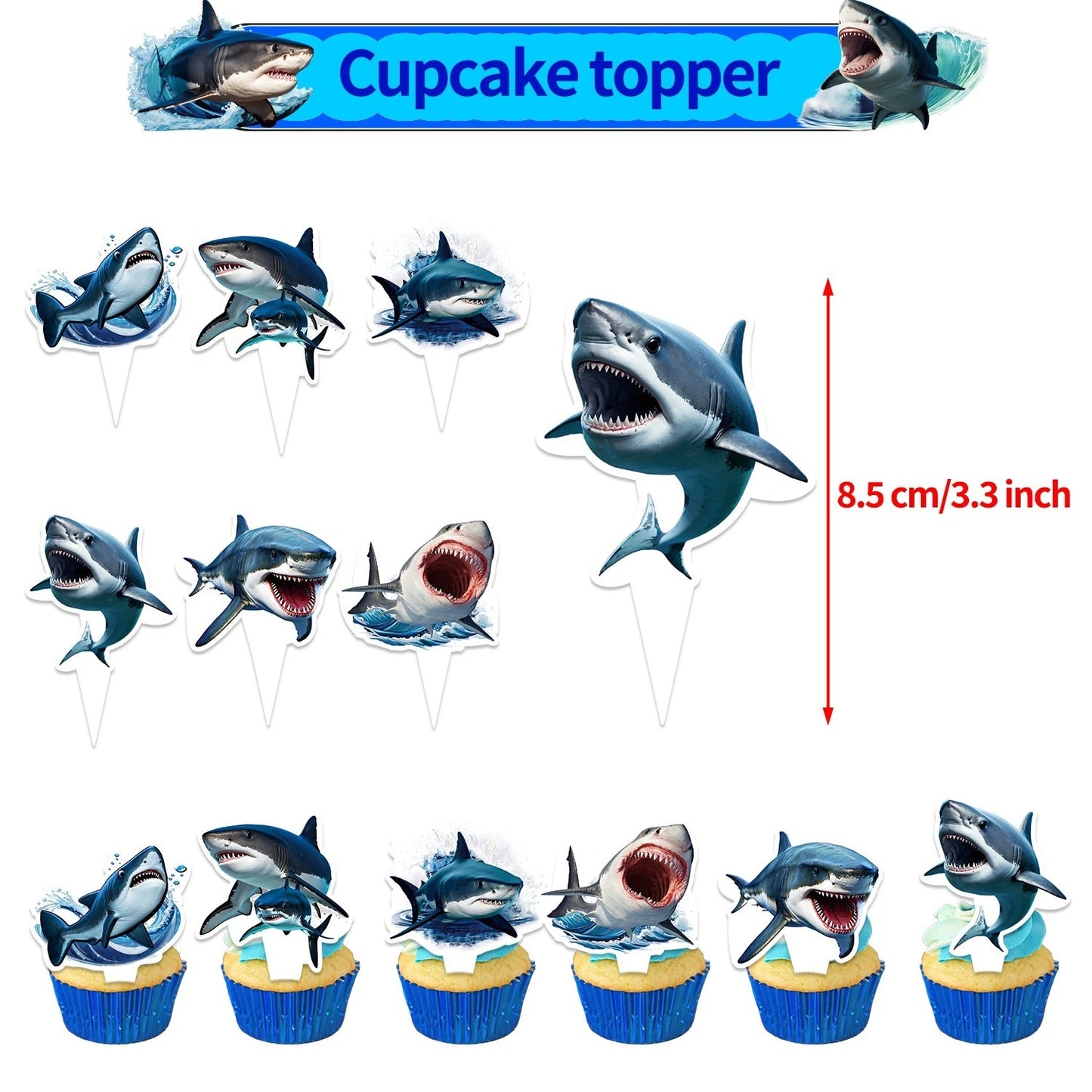 Sharks Theme Cutout Cupcake Toppers 12 Pack