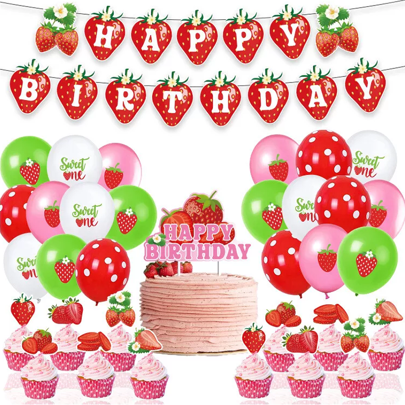 Strawberry Theme Party Decorating Set | Birthday Banner Balloons Cake Toppers