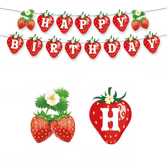 Strawberry Theme Party Decorating Set | Birthday Banner Balloons Cake Toppers