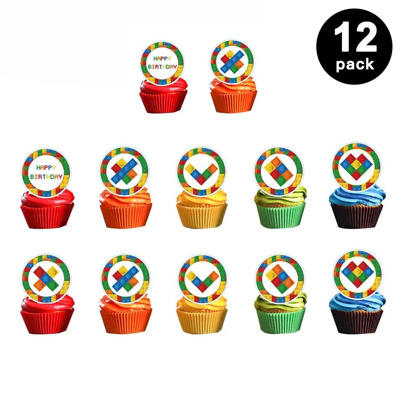 Building Blocks Theme Birthday Cupcake Toppers 12 Pack