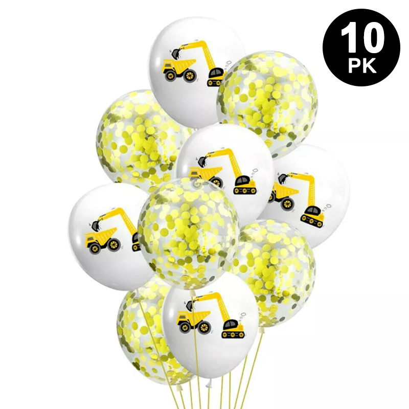 Construction Trucks Printed Latex Balloons Gold Confetti 10 Pack