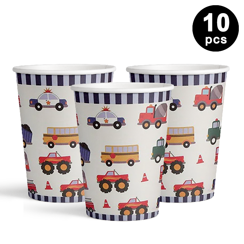 Construction Trucks Theme 250ml 8oz Paper Cups 10 Pack