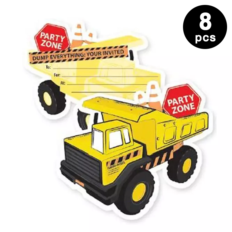 Construction Truck Party Zone Invitation Card with Envelope 8 Pack
