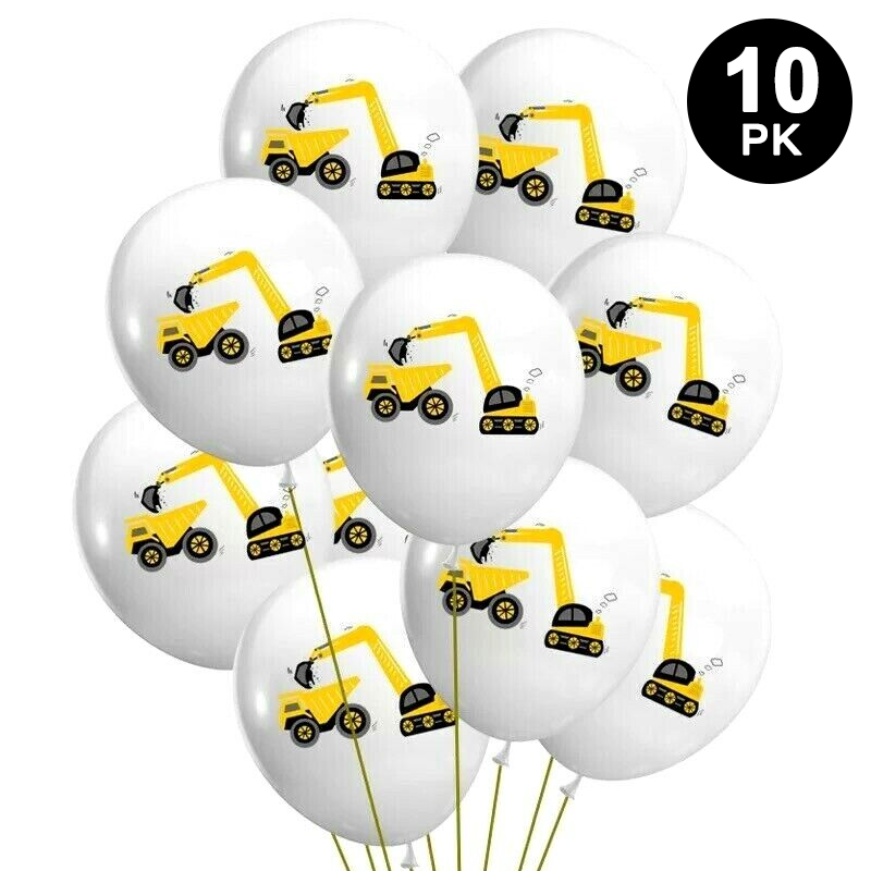 Construction Trucks Printed Latex Balloons White 10 Pack