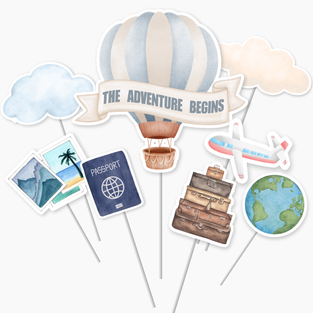 The Adventure Begins Cake Topper Set 9 Pack | Baby Shower New Born Milestone Honeymoon Retirement Travel