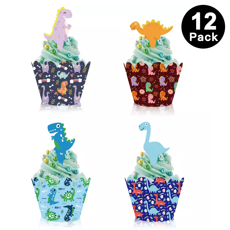 Pack of 12 Cartoon Cute Dinosaur Cupcake Toppers with Wrappers