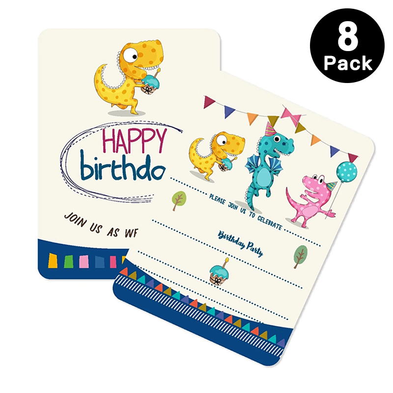 Cute Cartoon Dinosaur Birthday Invitation Cards 8 Pack