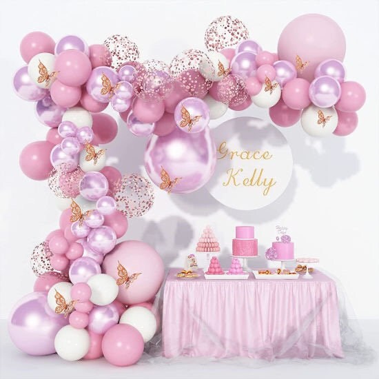 111pcs Barbie Pink Purple Balloon Garland Arch Kit | 3D Butterfly Stickers for Baby Shower Bridal Shower Wedding Birthday Party Decorations