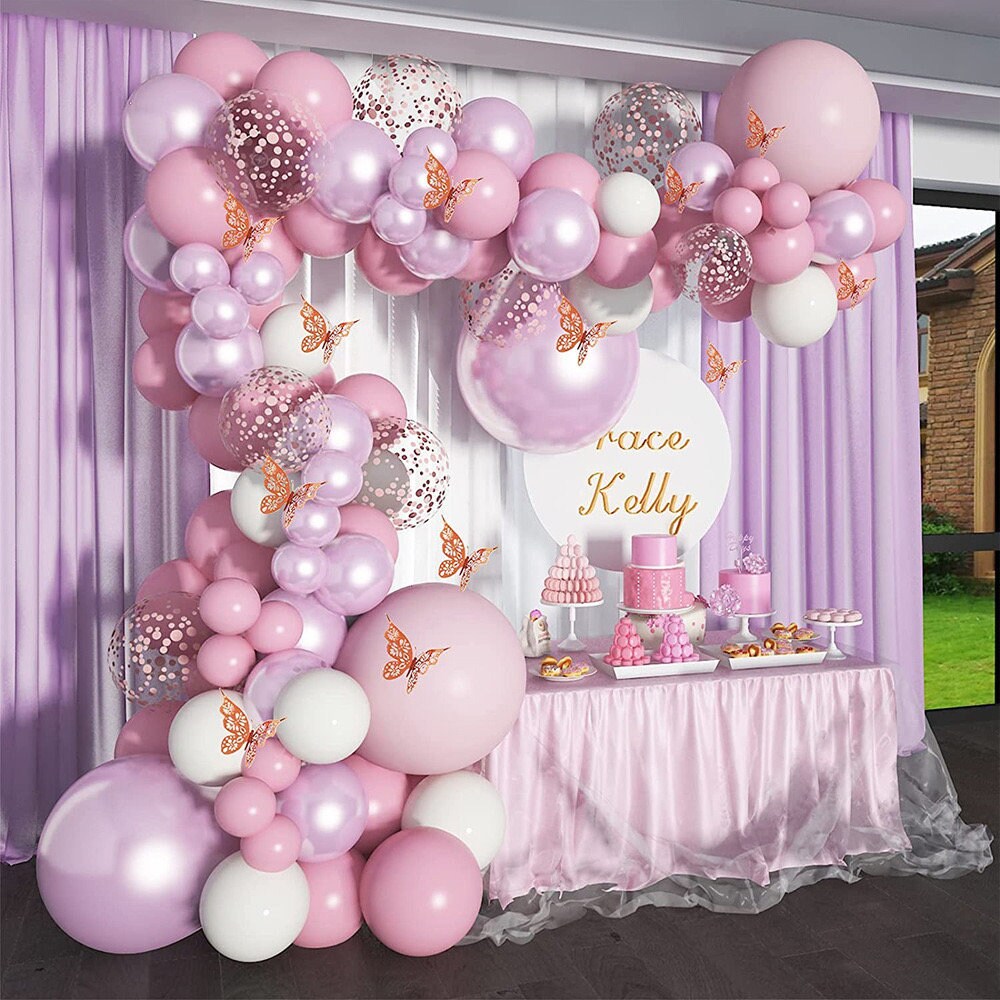 111pcs Barbie Pink Purple Balloon Garland Arch Kit | 3D Butterfly Stickers for Baby Shower Bridal Shower Wedding Birthday Party Decorations