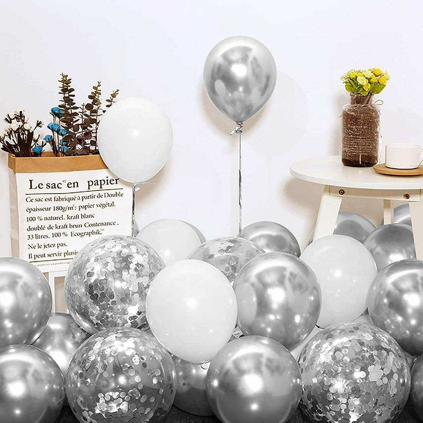 100pcs White Silver Balloon Garland Arch Kit | White Silver Metallic Confetti Balloons for Baby Shower Wedding Birthday Party Decorations