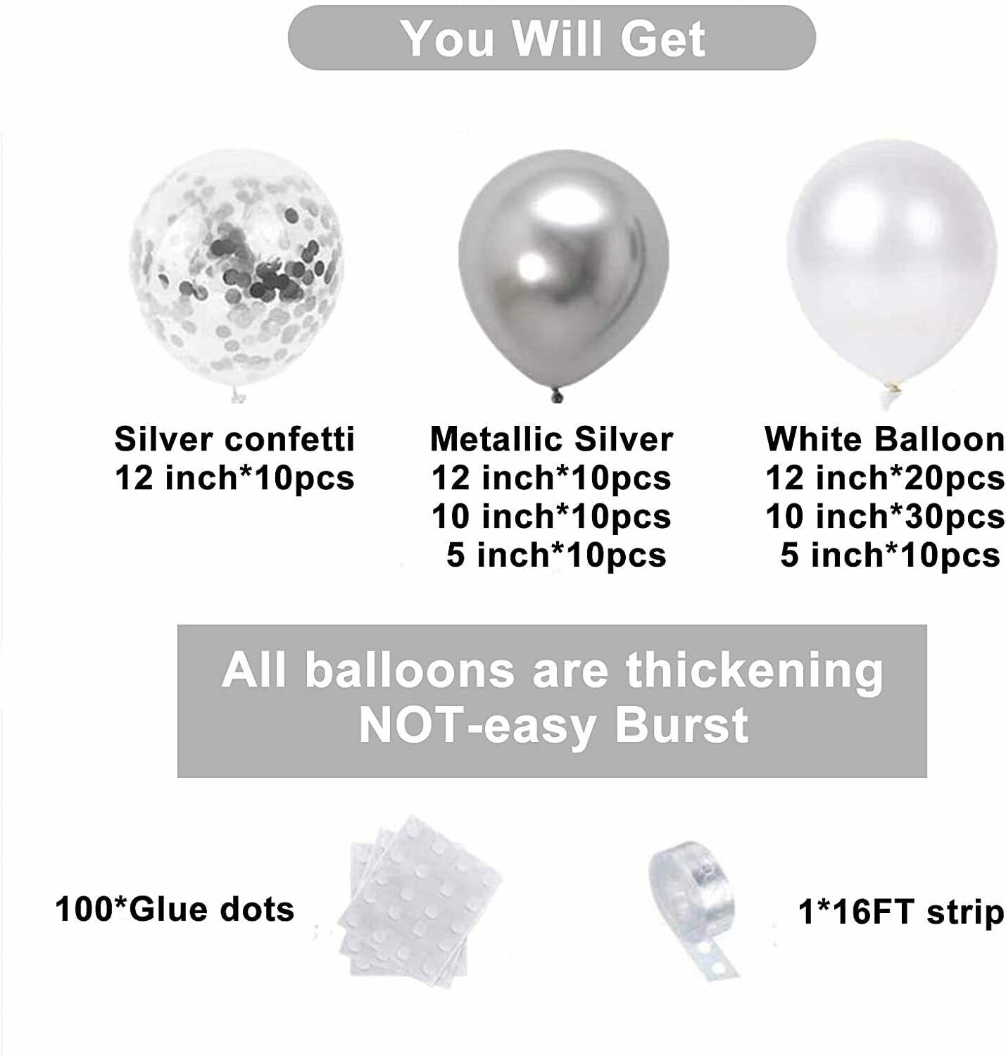 100pcs White Silver Balloon Garland Arch Kit | White Silver Metallic Confetti Balloons for Baby Shower Wedding Birthday Party Decorations