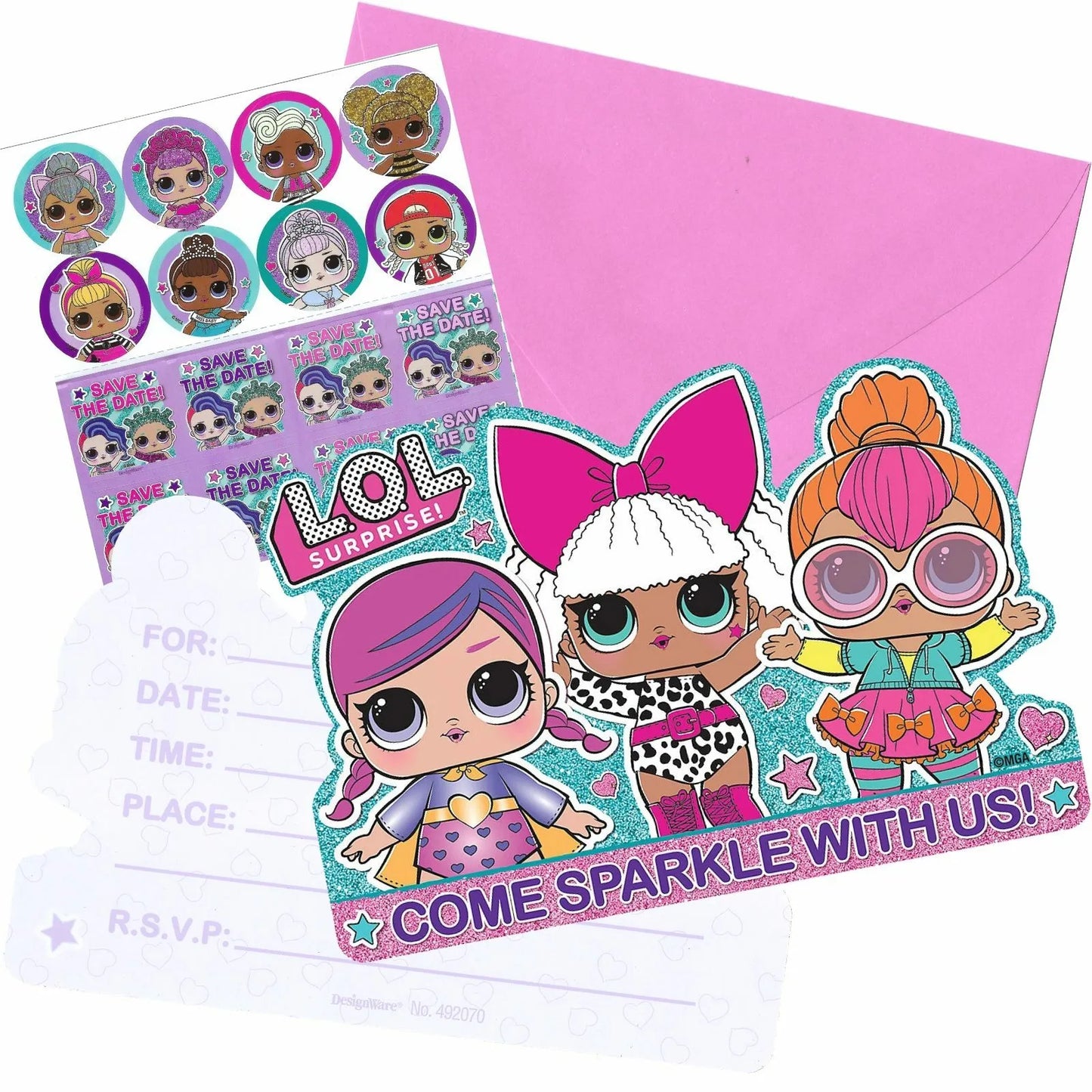 LOL Surprise Postcard Invitations 8 Pack with Envelopes Seals Mini Stickers