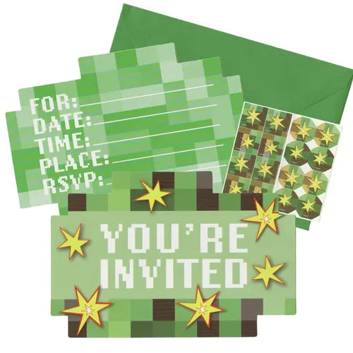 TNT Party! Pixel Game Postcard Invitations 8 Pack with Envelopes Seals Mini Stickers
